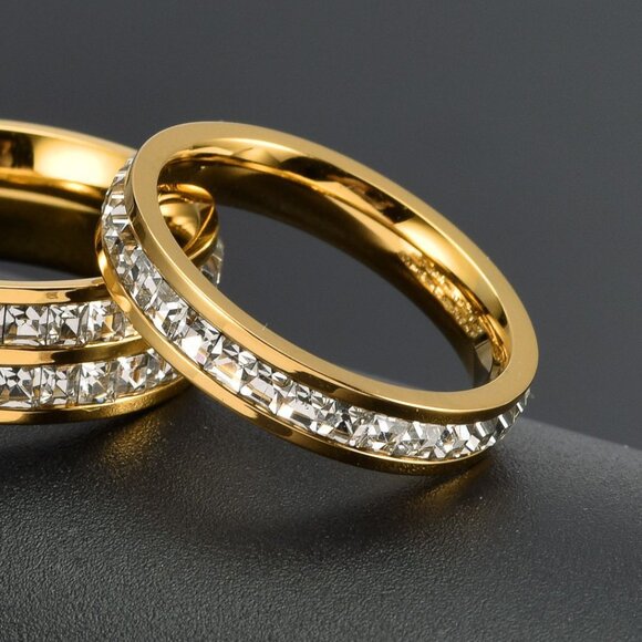 3/$35 18k Gold Plated Stainless Steel Band Ring Single Row Crystal Zirconia - Picture 5 of 6
